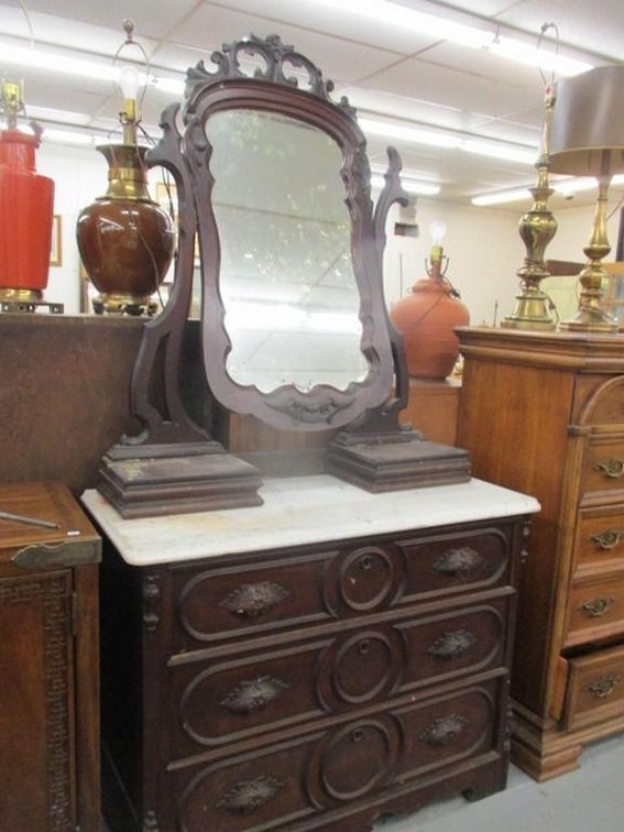 Antique marble top dresser with mirror and hankie boxes