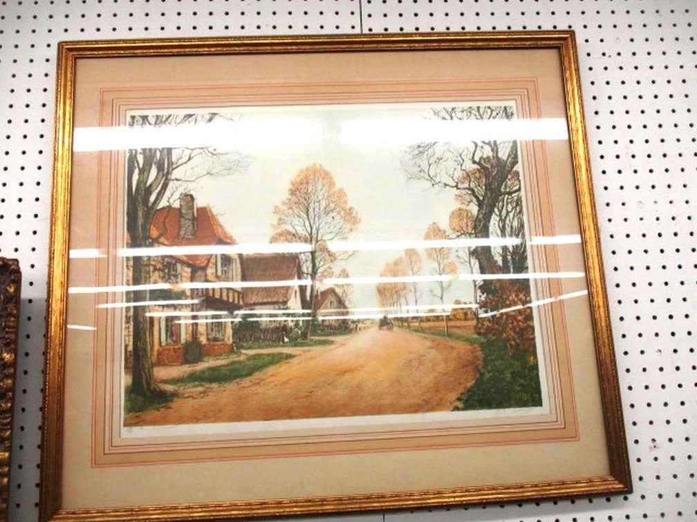 Framed French signed village print
