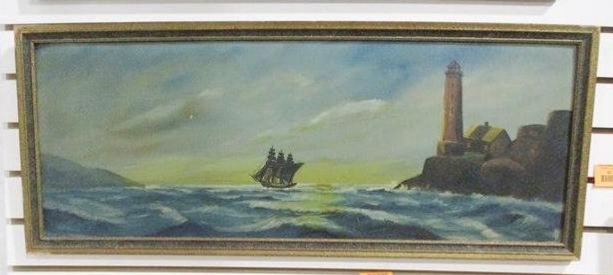 Antique sail ship and lighthouse painting on board