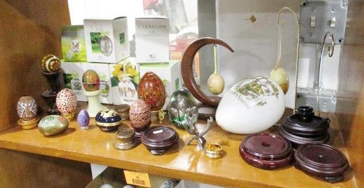 Group of wood, glass and ceramic eggs