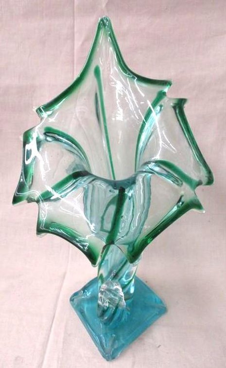 Green art glass cornucopia vase