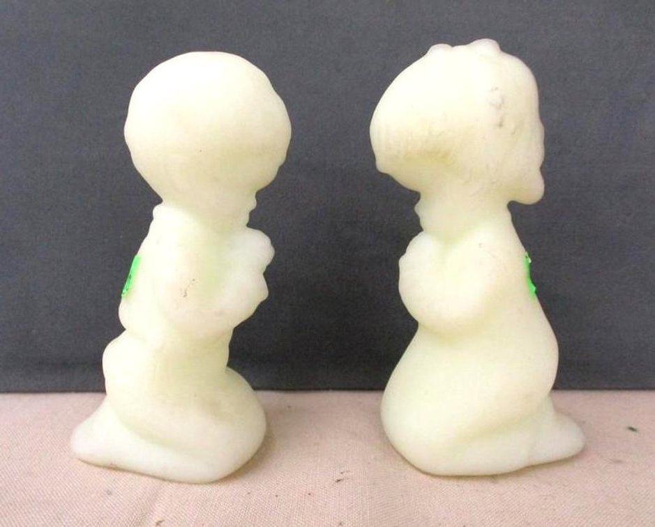 (2) Fenton yellow satin glass praying boy and girl figurines