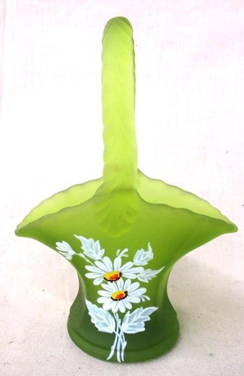 Fenton green satin glass hand-painted basket