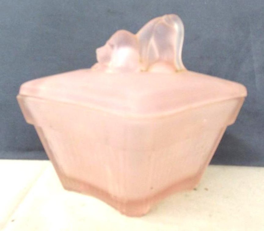 Fenton pink satin glass covered dish with dog on lid