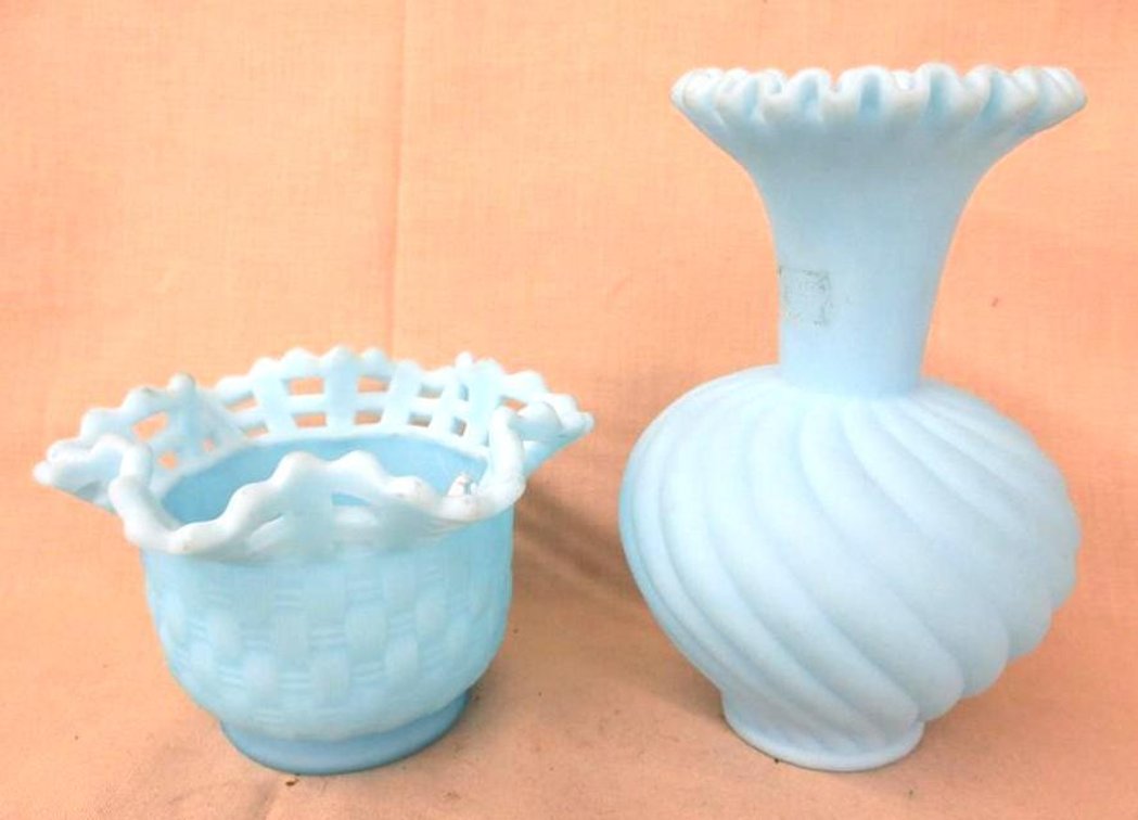 (2) Fenton blue satin glass