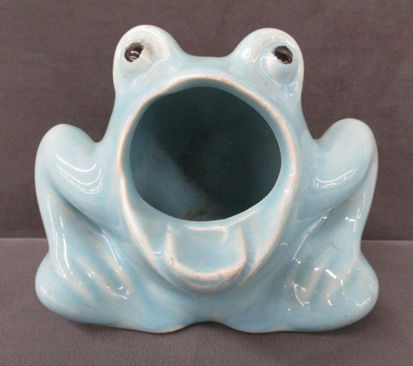 Vintage frog blue glazed pottery ashtray