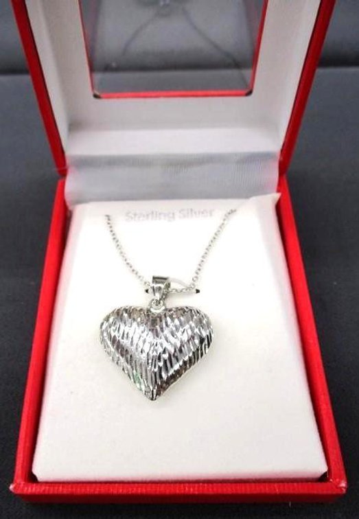 Sterling silver dia-cut puffed heart necklace