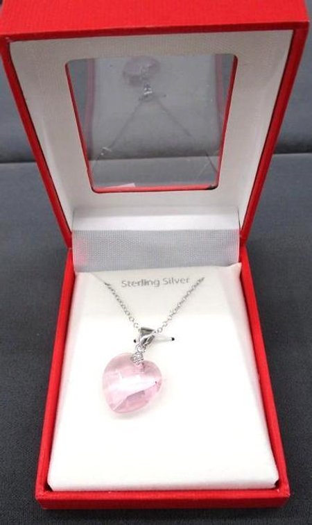 Sterling silver Briolette pink glass heart necklace