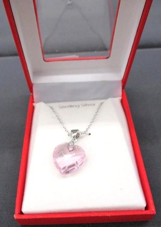 Sterling silver Briolette pink glass heart necklace