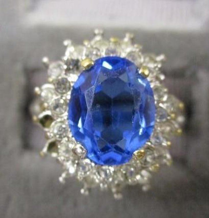 18kt Gold plated blue sapphire ring with cz accent stones