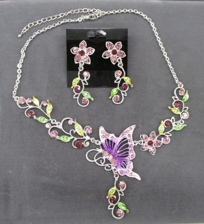 Dainty multi-color butterfly and flower necklace and earring set