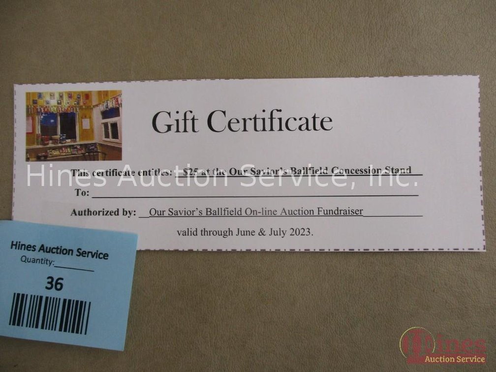 $25 Gift certificate for Our Savioir's Ball field concession stand