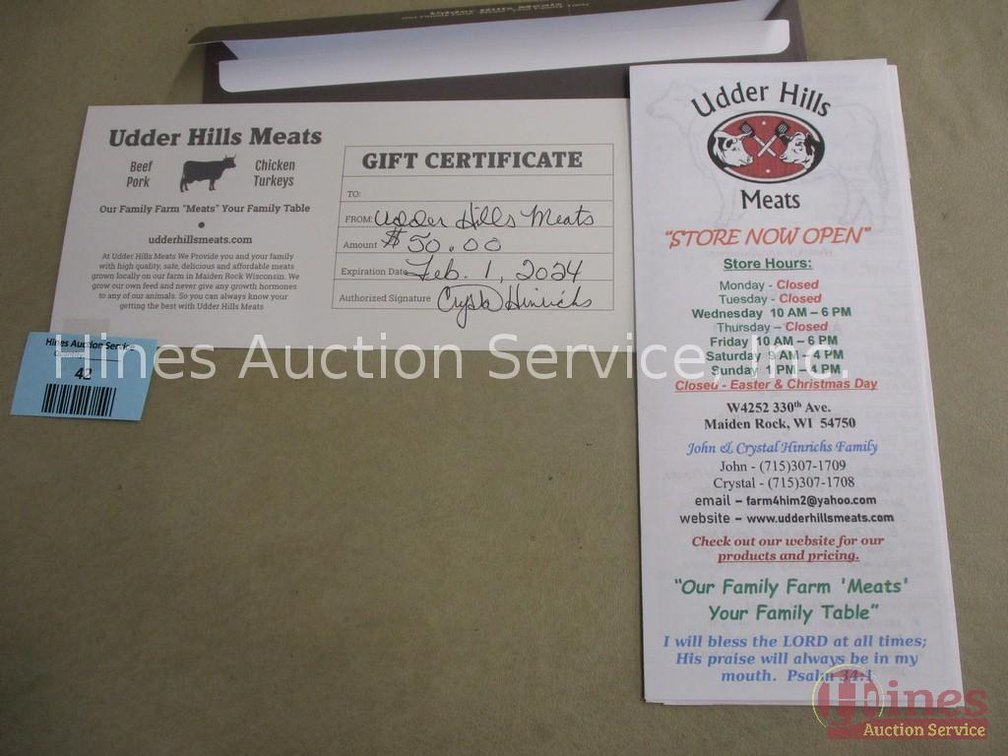 $50 Gift certificate for Udder Hills Meats