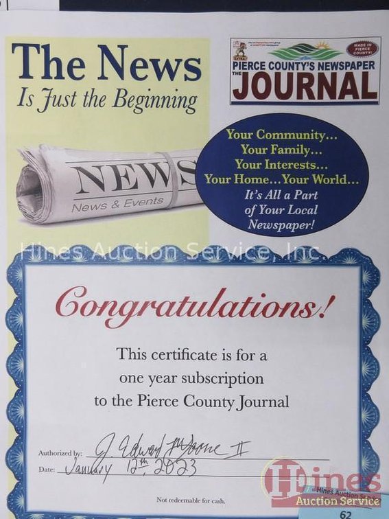 One Year subscription to the Pierce County Journal