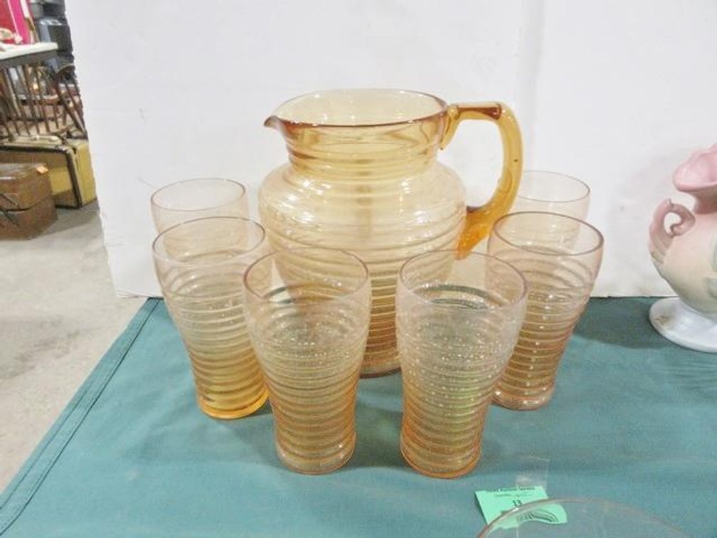 Light amber pink depression glass pitcher and glass set