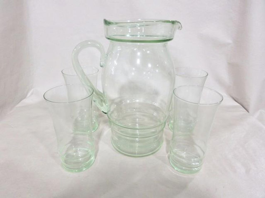 Green depression glass pitcher set
