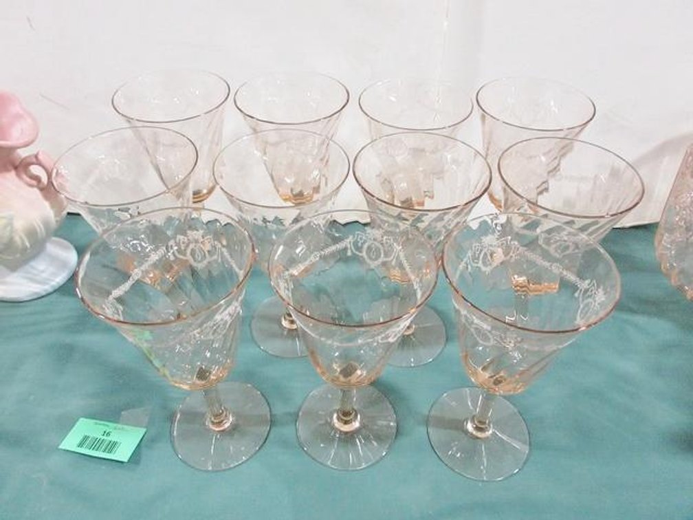 (11) Pink depression stemmed glasses