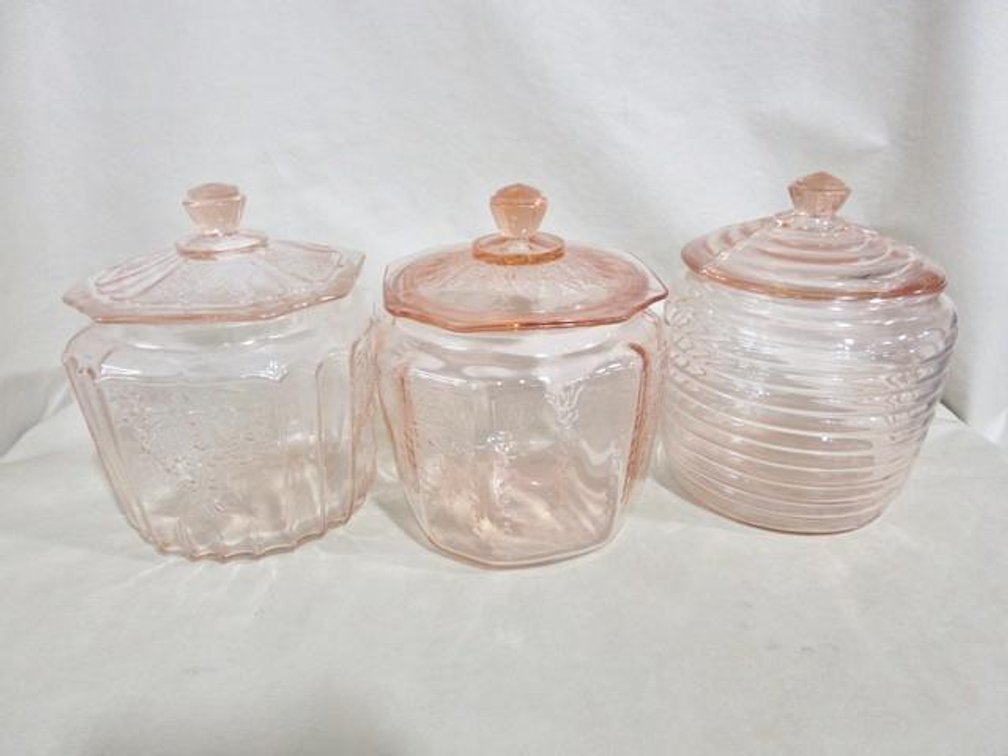(3) Pink depression glass canisters