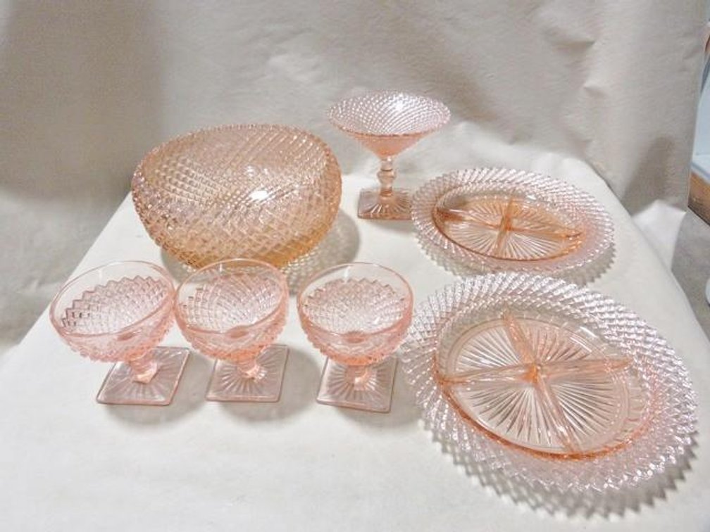 Group of Pink depression diamond pattern glassware