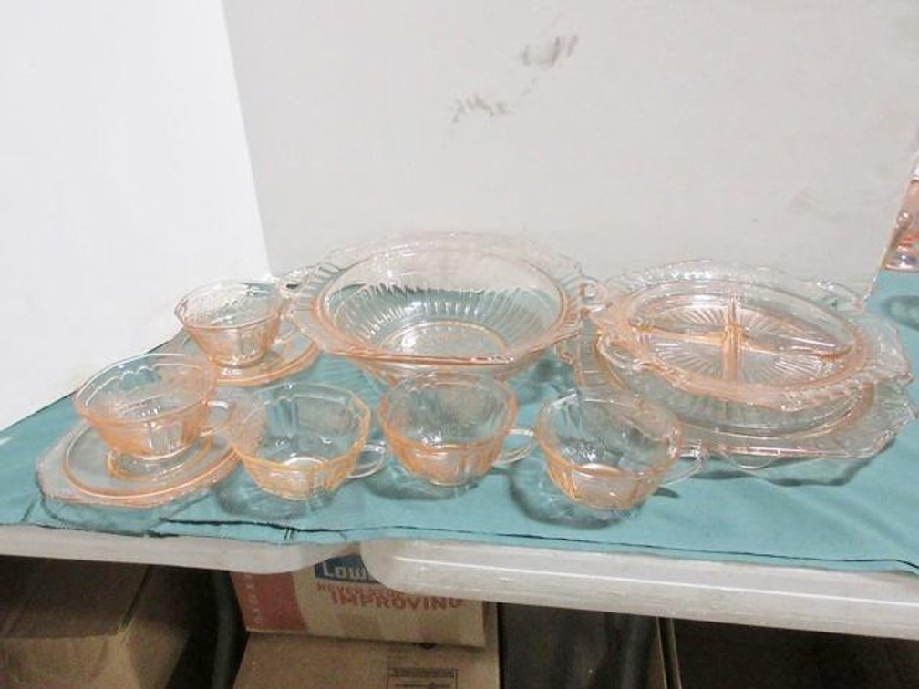 Group of floral embossed pink depression glassware
