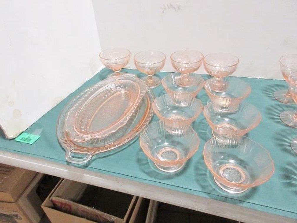 Group of floral embossed pink depression glassware