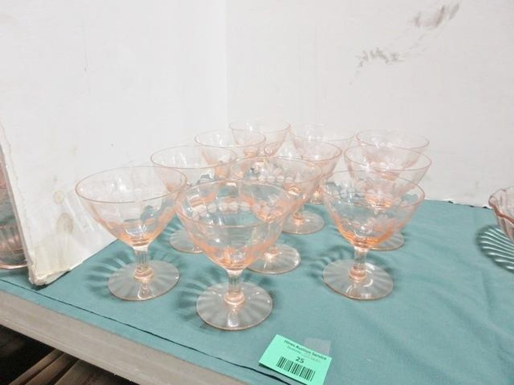 (11) Pink depression glass etched stemmed glasses