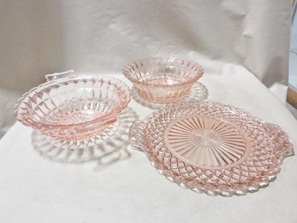 (3) Pink depression glass serving pieces