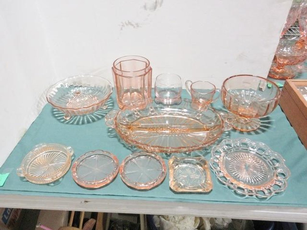 Group of assorted pink depression glassware