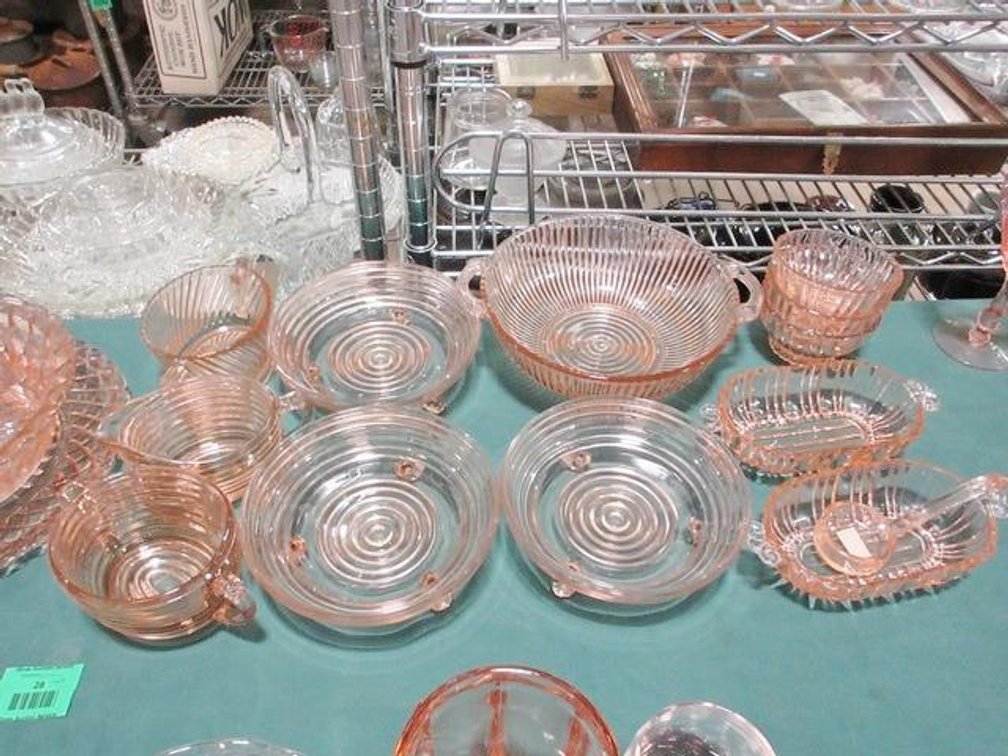 Group of ribbed pink depression glass