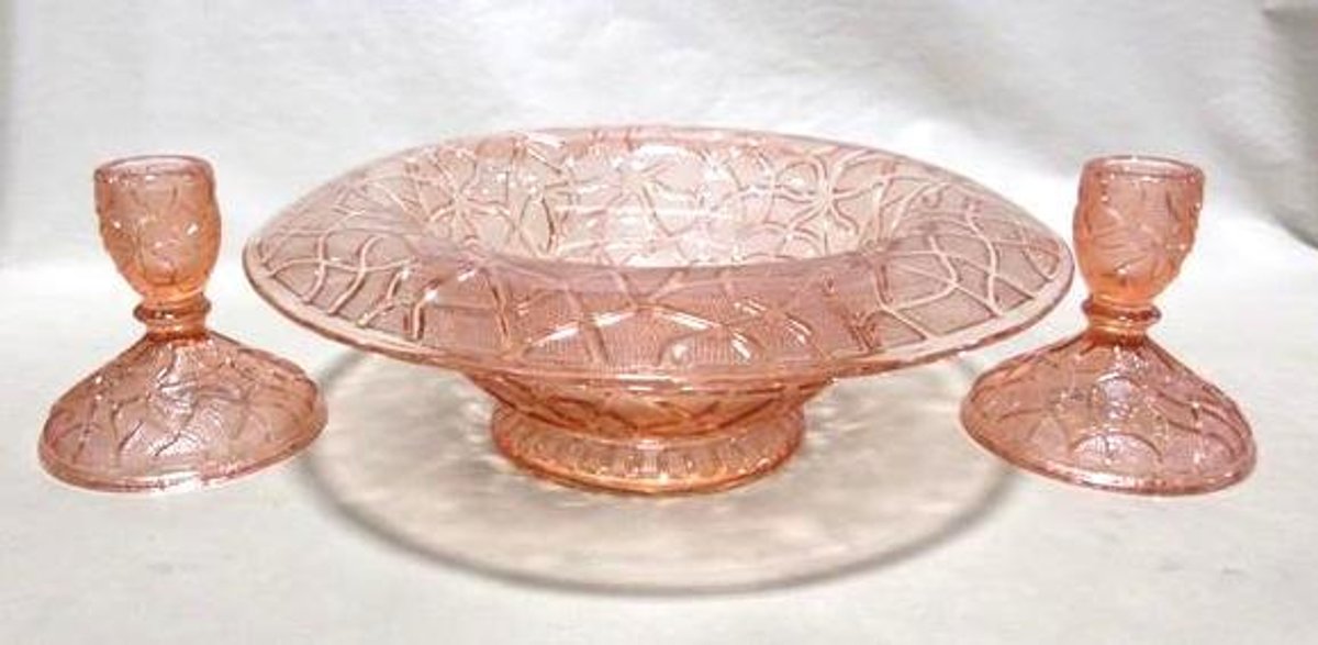 Pink depression glass console group