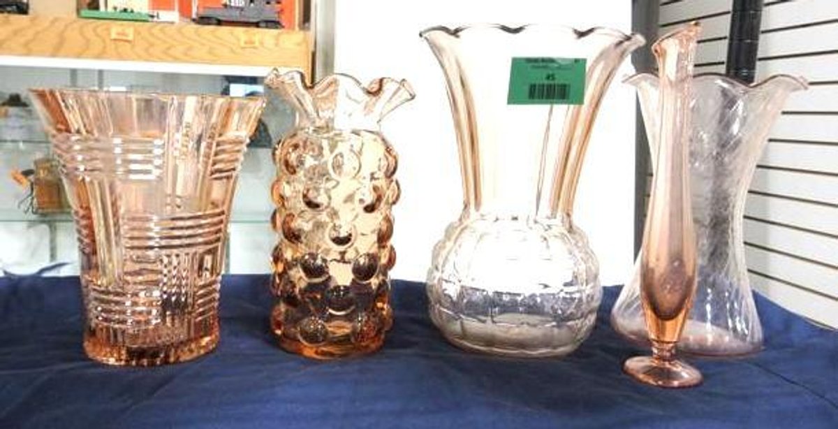 (5) Pink depression glass vases