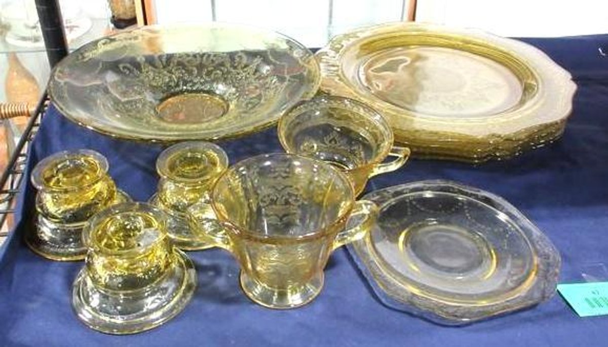 Yellow embossed depression glass group