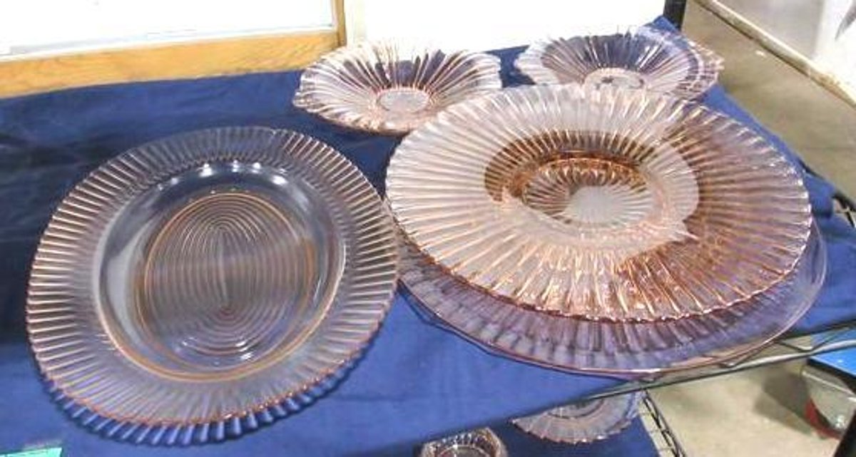 Pink depression glass serving piece group