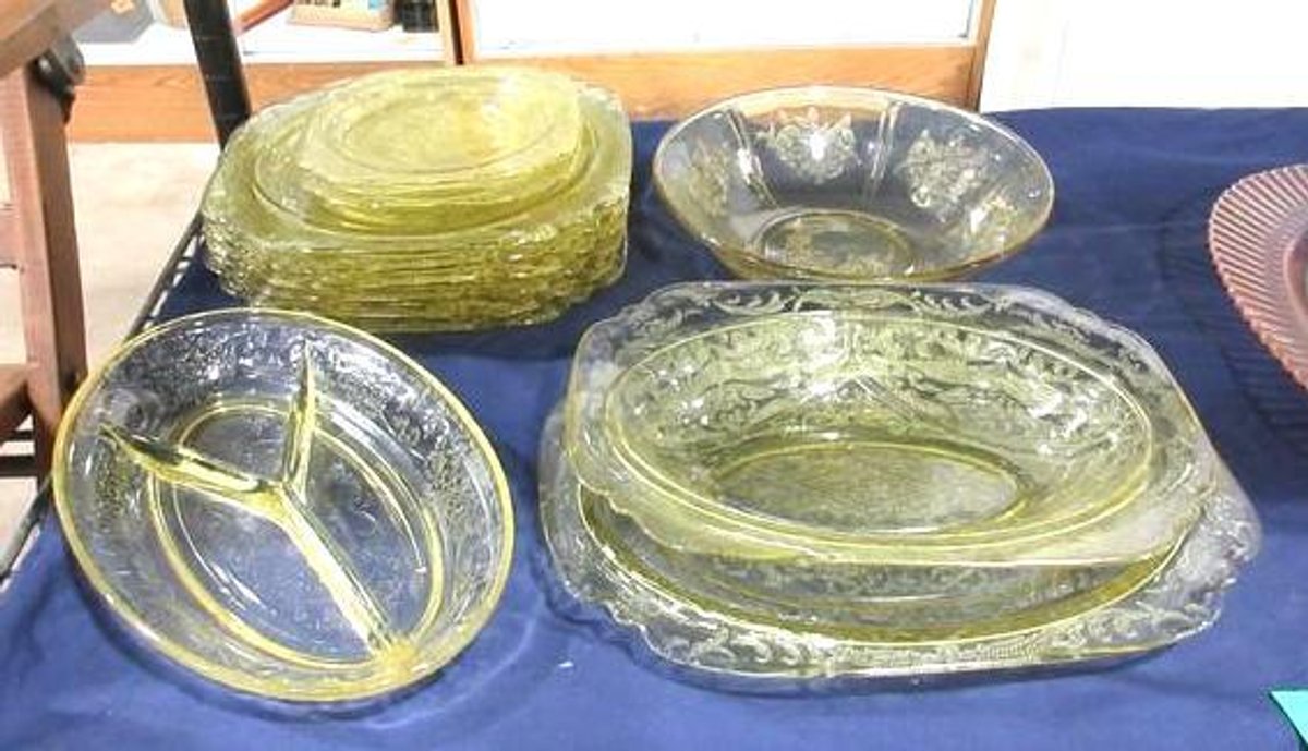 Yellow embossed depression glass group