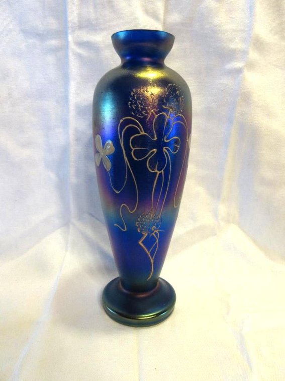 Blue iridescent vase with hand painted floral design