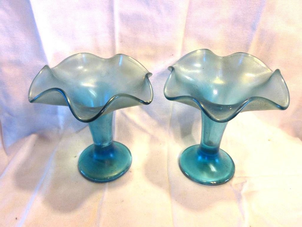 (2) Blue iridescent ruffled edge vases