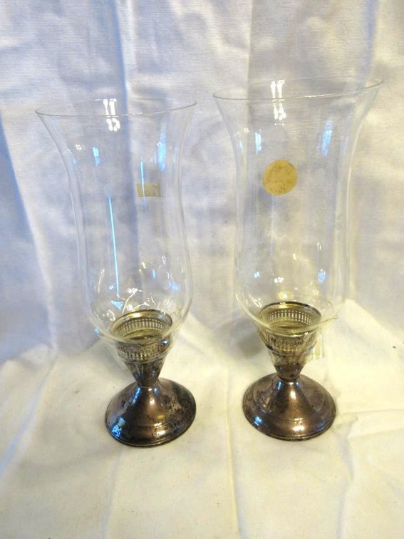Pair of Duchin Creations sterling weighted candlesticks with etched glass