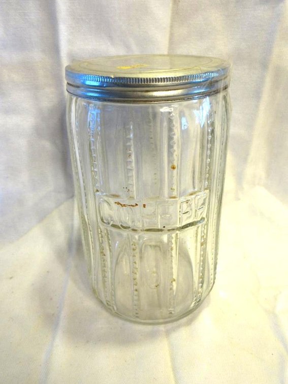 Antique coffee Hoosier jar with cover