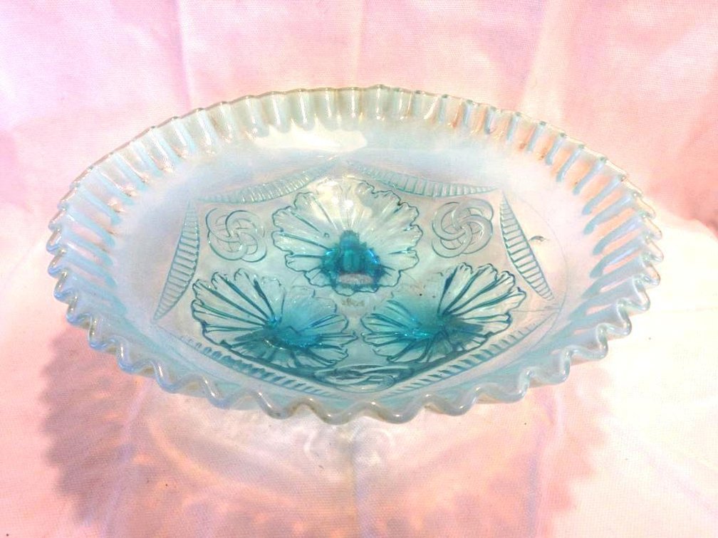 Blue opalescent footed bowl
