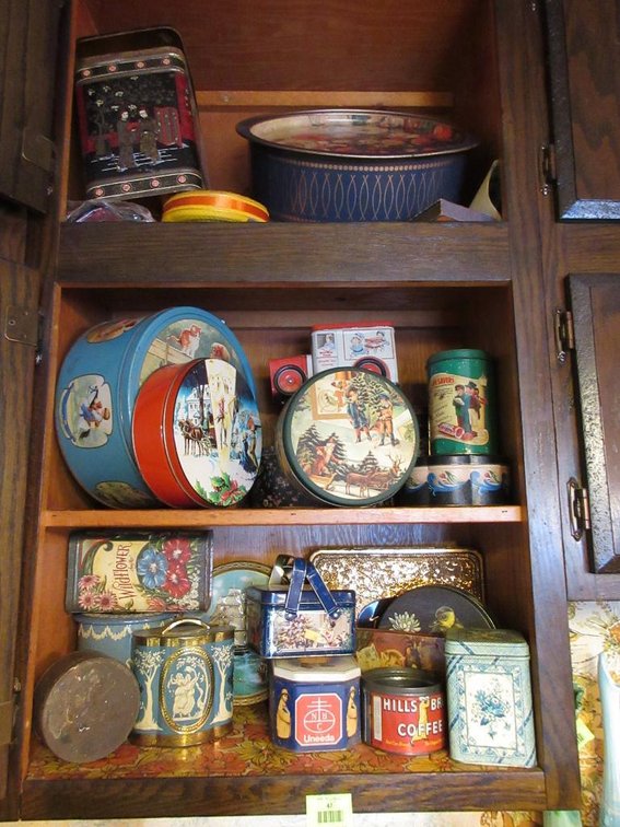 (3) Shelves of vintage tins