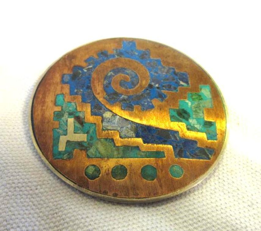 Sterling backed pin with copper and turquoise inlay