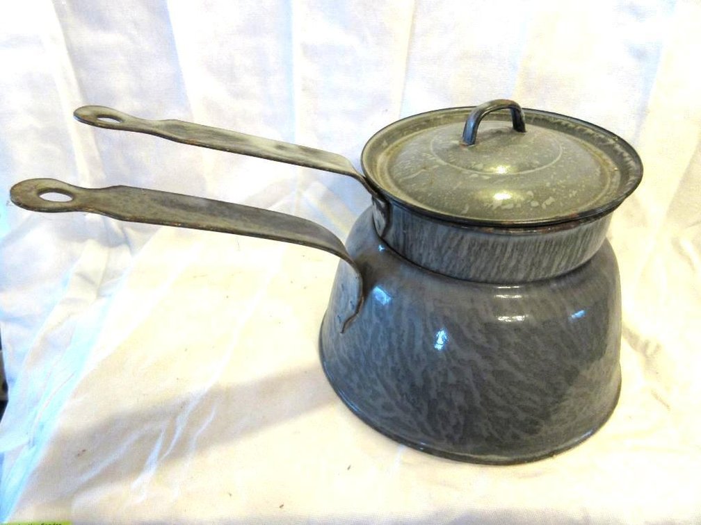 Gray enamelware double pot with cover