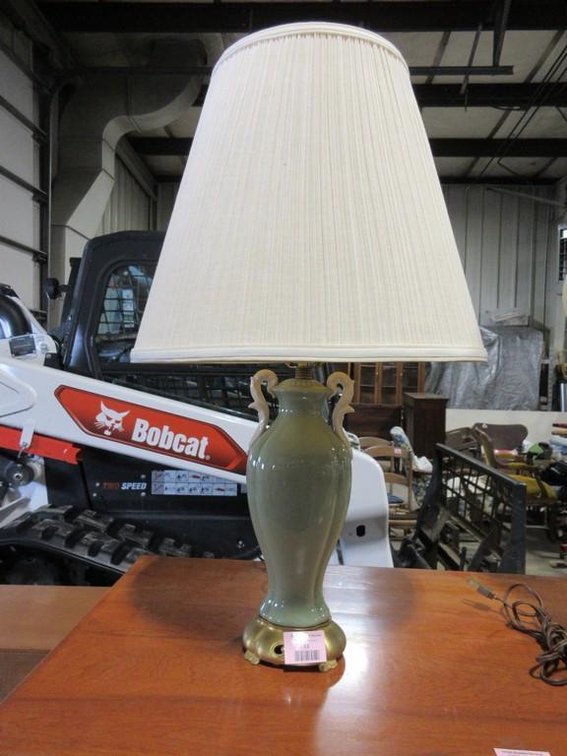 Sage green and cream porcelain table lamp with shade