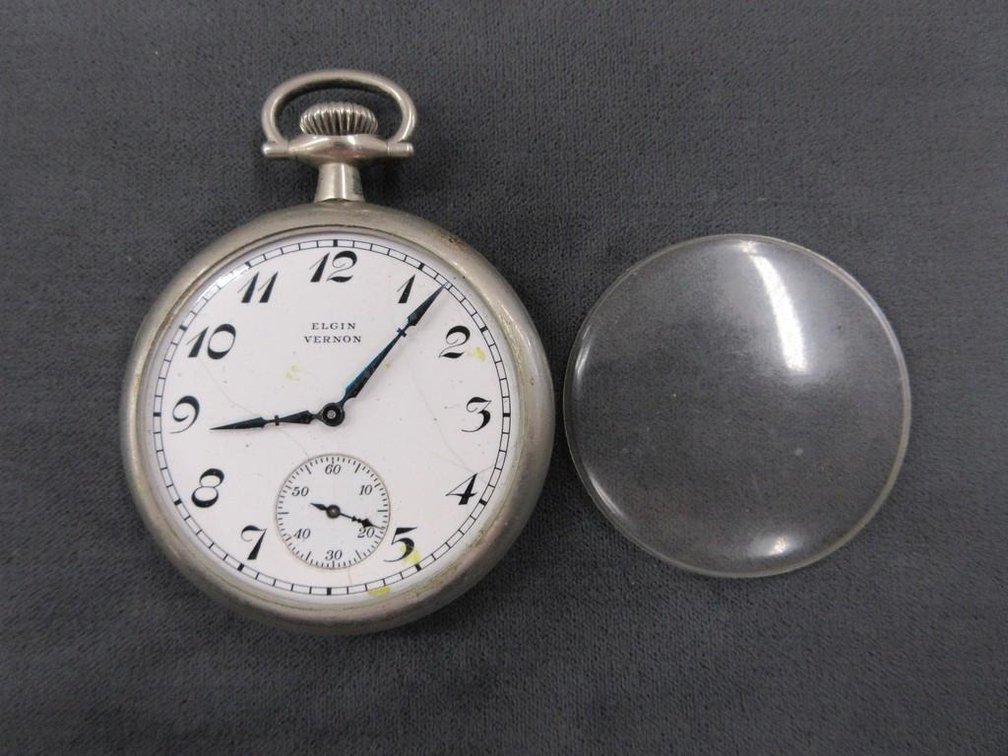 Elgin Vernon pocket watch with train etched on back