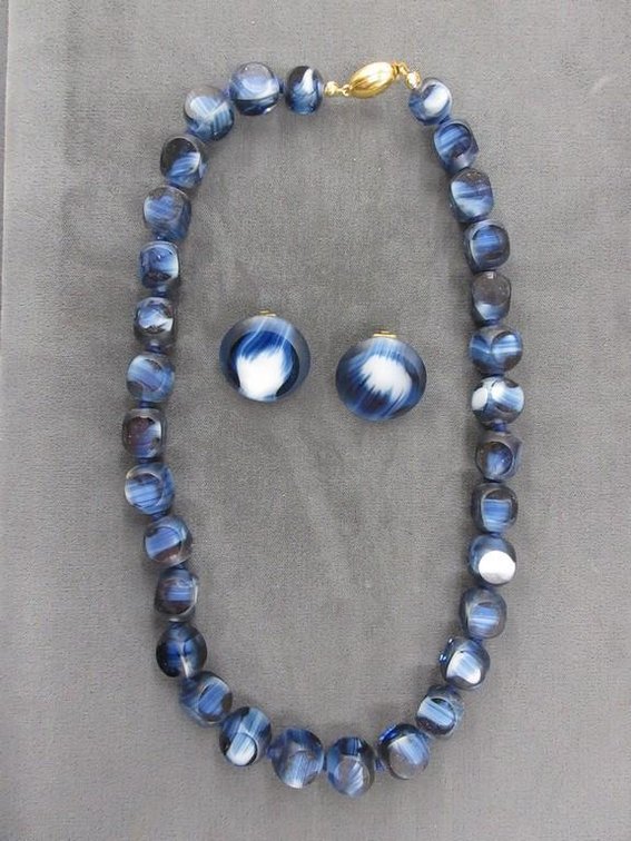 Blue and white glass bead necklace and clip on earring set
