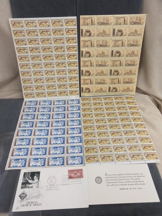 (4) Sheets of 8 cent stamps and First Day of Issue 75th Anniversary American Chemical Society