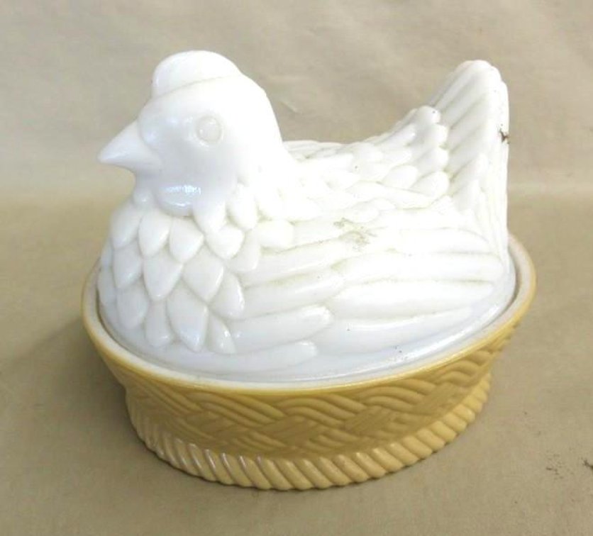 Avon marked glass chicken on nest