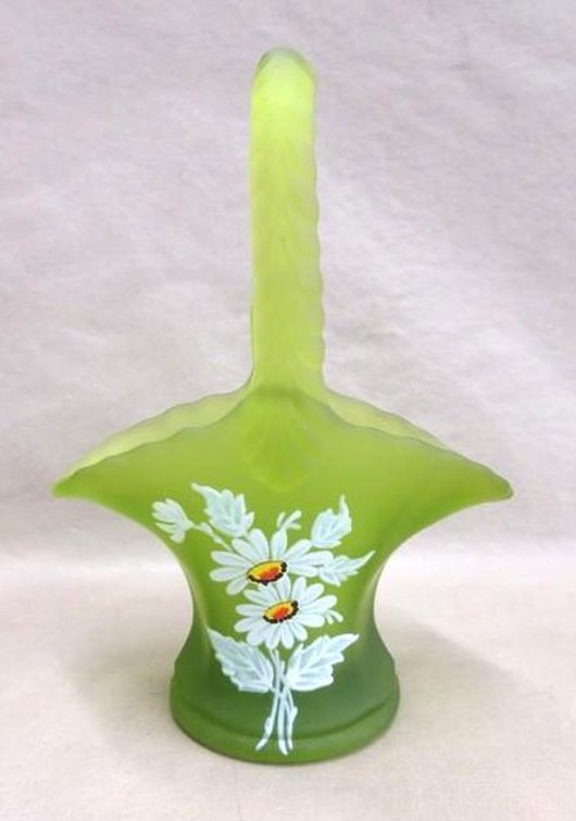 Westmoreland green satin glass basket with daisy design