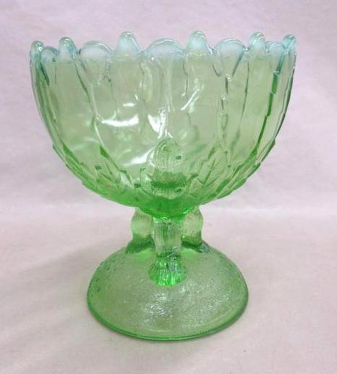 Green opalescent scalloped edge three legged cup