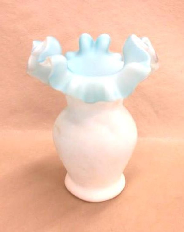 Blue and white satin glass ruffled edge vase